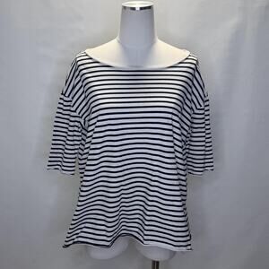Frank & Eileen Shirt Tee Lab Women Medium White Navy Stripe Boat Neck Cotton Top
